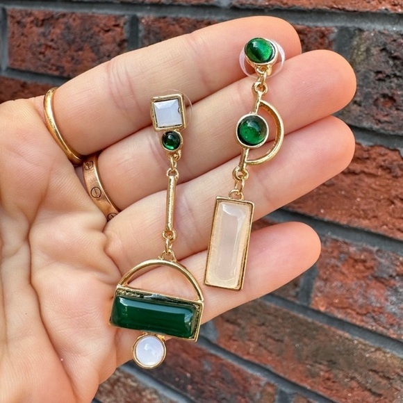 Anthropologie Gold and Green Asymmetrical Geometric Earrings - Picture 10 of 11